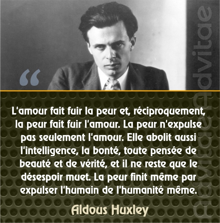 Huxley: L'amour fait fuir la peur et, r�ciproquement, la peur fait fuir l'amour. Elle abolit aussi l'intelligence, la bont�, toute beaut�