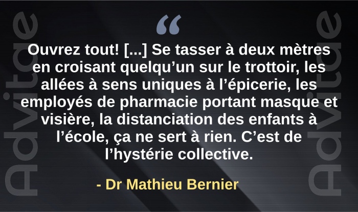 La distanciation � deux m�tres, les all�es � sens unique � l'�picerie, le port du masque en pharmacie, c'est de l'hyst�rie collective 